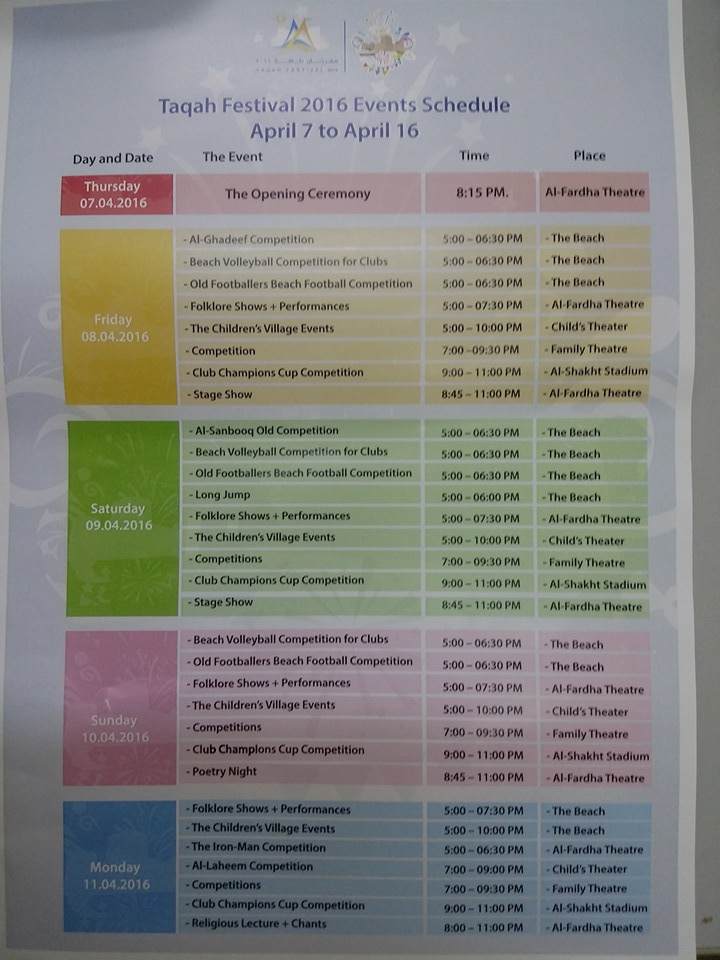 TAQA FESTIVAL 2016 EVENT SCHEDULE